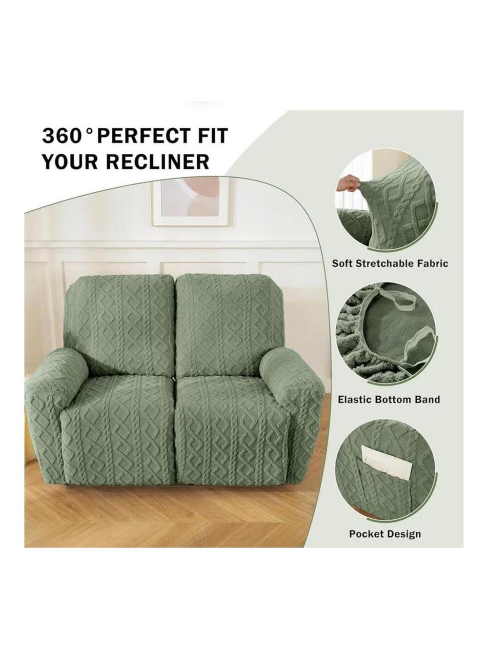 6 Pc Geometric Plush Recliner Loveseat Slipcovers Soft Fuzzy Fluffy-Sage Green